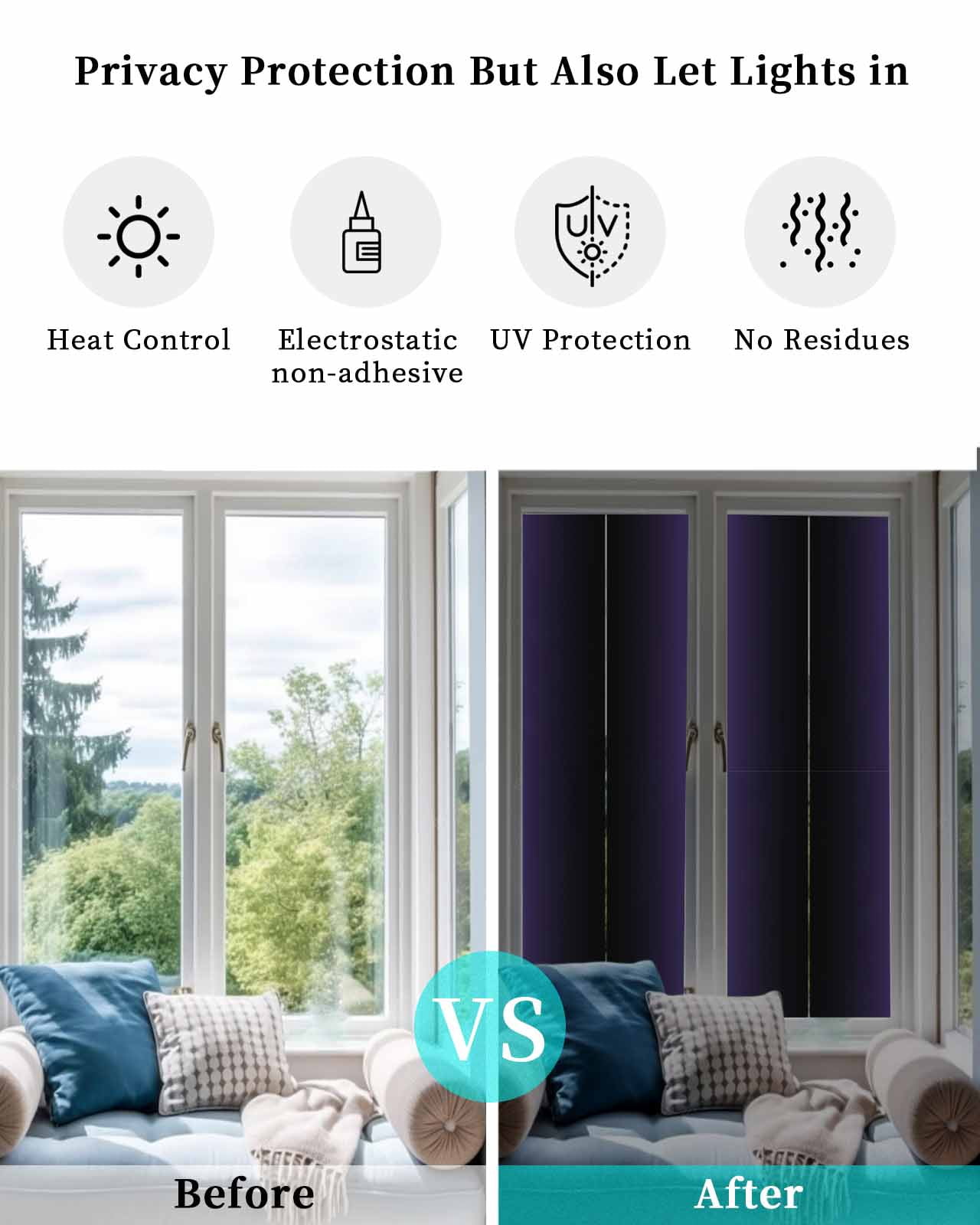 Window Privacy Film, Purple Black Ombre Sun Blocking Window Tint Film Heat Control One Way Blackout Window Film, Purple Gradient Abstract Modern Minimalism Art Non Adhesive Static Cling 23.6x78.7 In