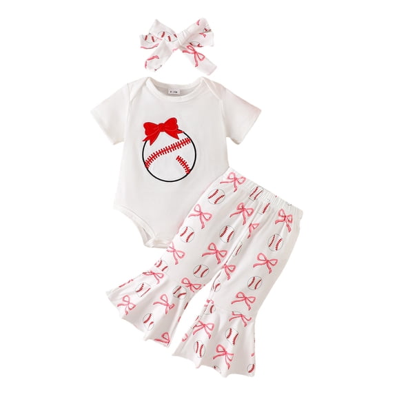 Ulitacool Girl'S Outfits Infant Short Sleeve Baseball Embroider Romper Bodysuit Pants Outfits Casual Clothes White 6-12 Months
