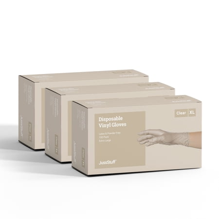 JussStuff Vinyl Gloves, Multifunction, Kitchen Gloves, All-Purpose Latex Free, Powder Free - Clear - 3 Boxes of 100 Gloves (300 Total) - XL