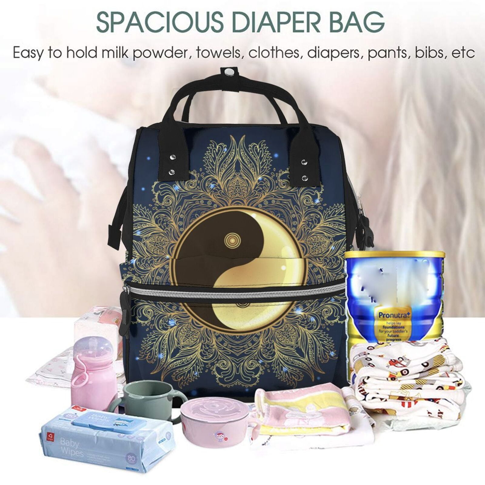 Fuzoiu Yin And Yang Mandala Print Diaper Bag Backpack,Baby Essentials Travel Tote,Multi function Waterproof Diaper Bag, Travel Essentials Baby Bag - Unisex