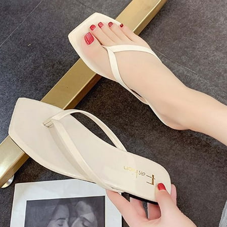 

Slippers for Women Gnobogi Womens Summer Fashion Solid Color Slippers Square Head Flat Multicolour Casual Flip Flops Slippers