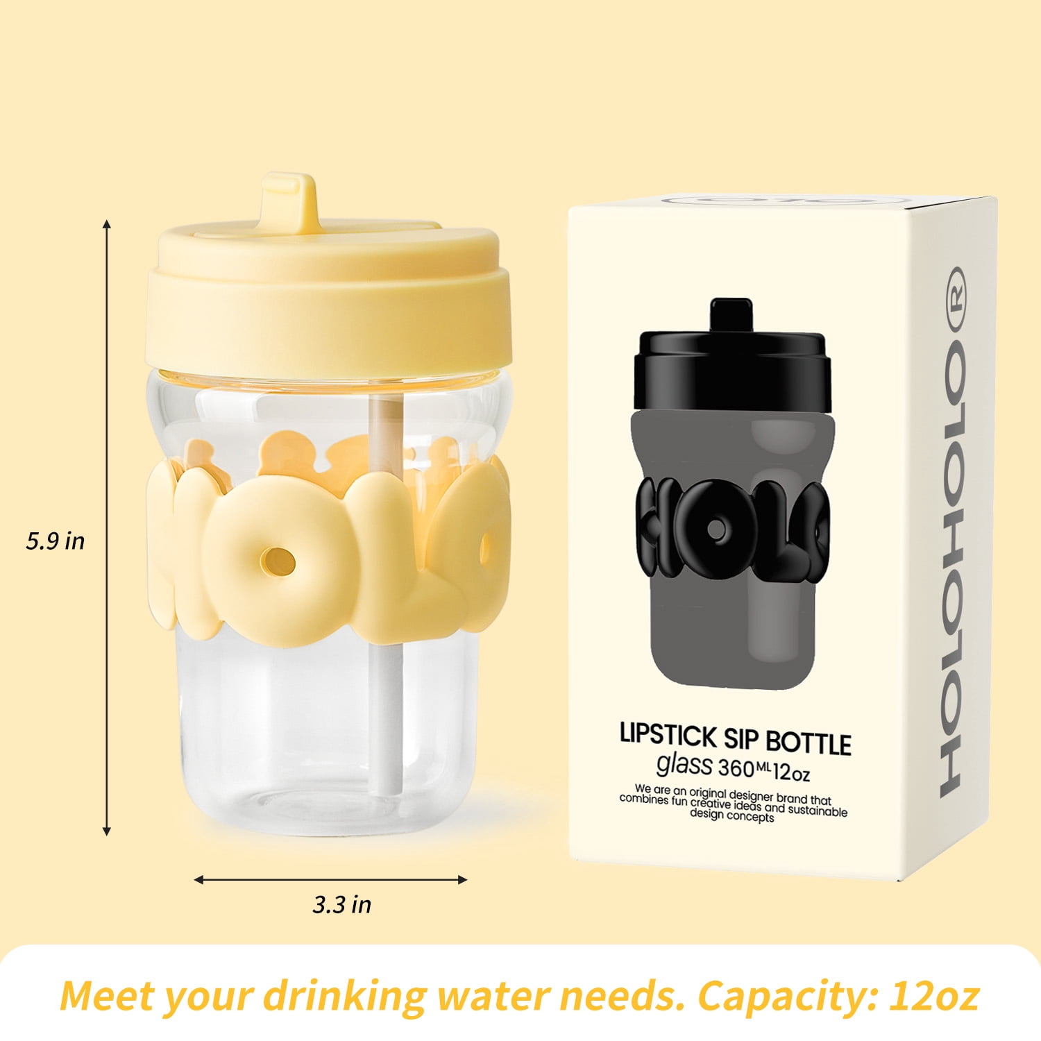 HOLOHOLO Lipstick Sip Glass Water Bottle with Straw 12oz Leak-Proof, High Borosilicate Glass For Hot & Cold Drinks, On-the-Go Coffee Cup (Yellow)
