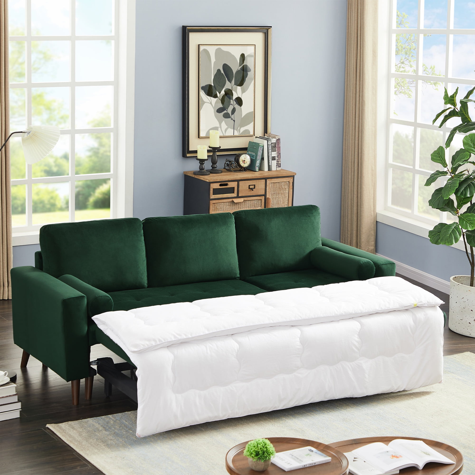 Aukfa 88" Convertible Sectional Sleeper Sofa- Pull Out Sofa Bed with Storage Chaise for Living Room, Velvet - Green