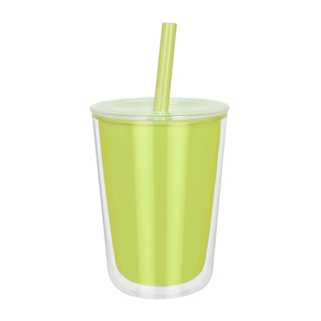 Vaso de plástico doble pared con popote y tapa push-elissa verde 11.5 x 15