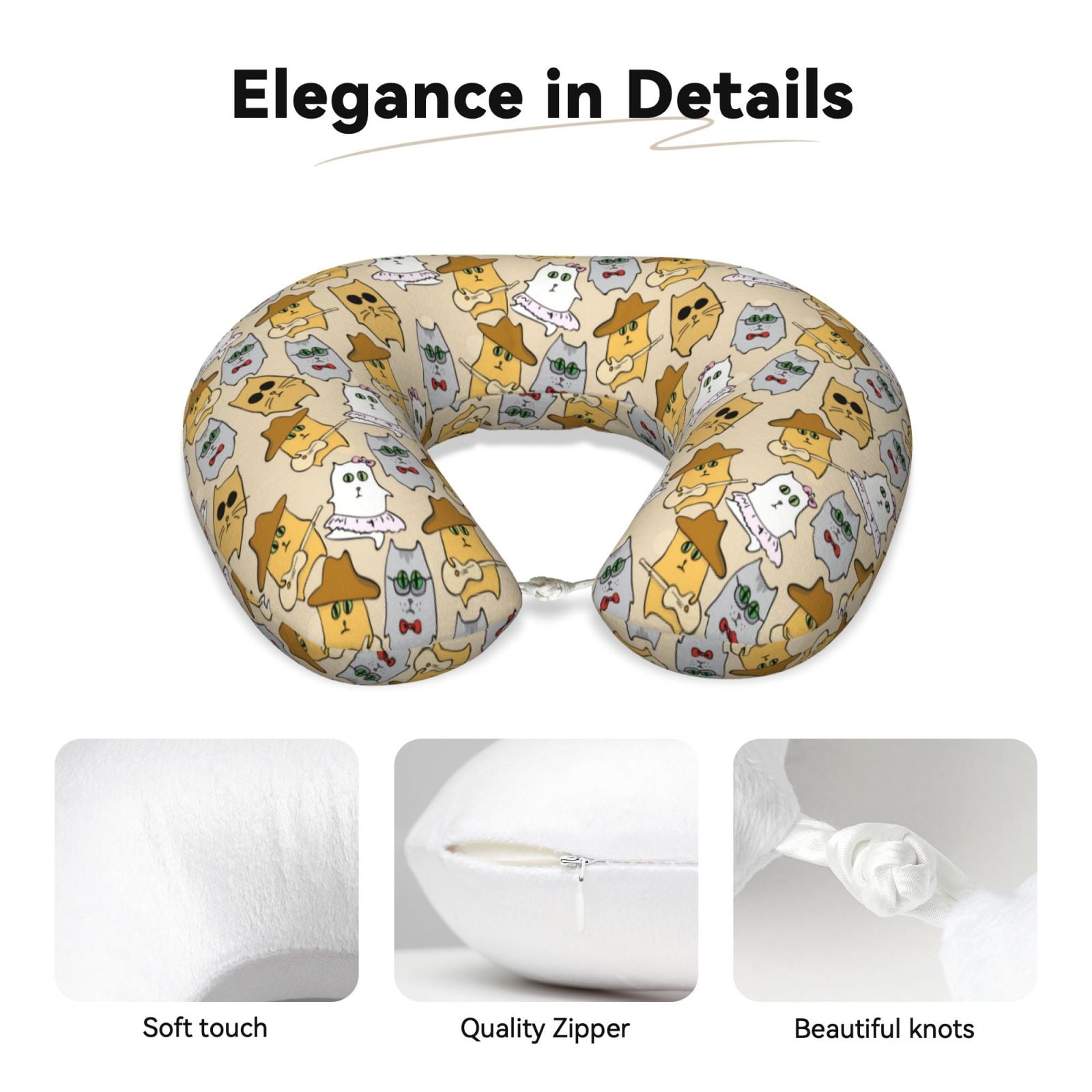 Xecao Music Dancing Cat Print Memory Foam Cervical Neck Pillow Versatile U-Shaped Pillows for Home,Office,Camping,Travelling,Soft Washable Cover