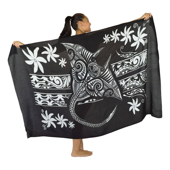Island Style Women's Pareo Sarong Cover-up- Floral Manta Ray Print, Black and White
