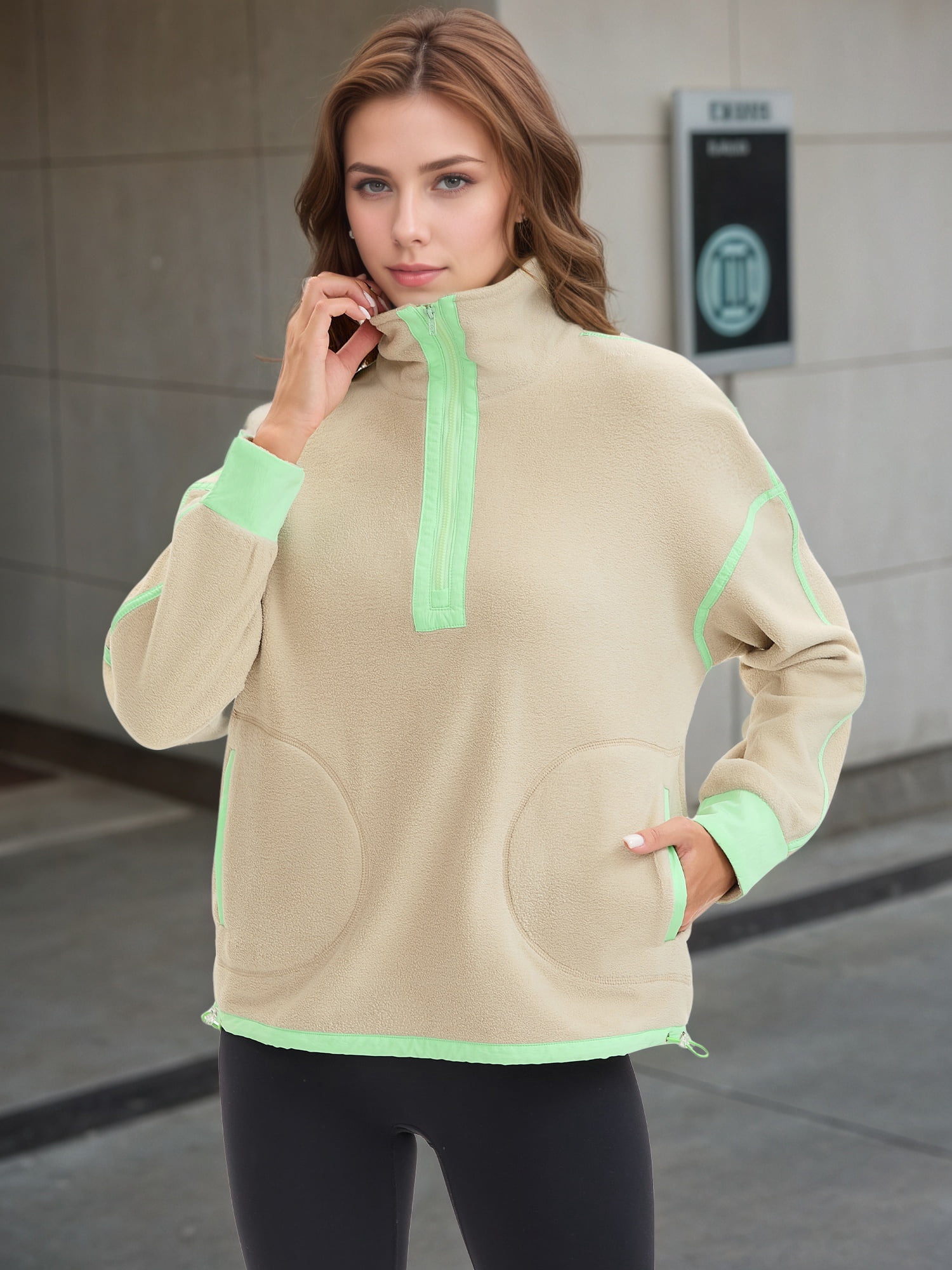 DARING DIVA Women's Half Zip Fleece Pullover Jacket with Pockets L Apricot