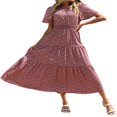 thumbnail image 1 of Robe Midi Boutonnée pour Femmes Manches Courtes Robe de Soleil Imprimé Floral Nœud devant Bohème une Pièce Rouge Vin m, 1 of 6