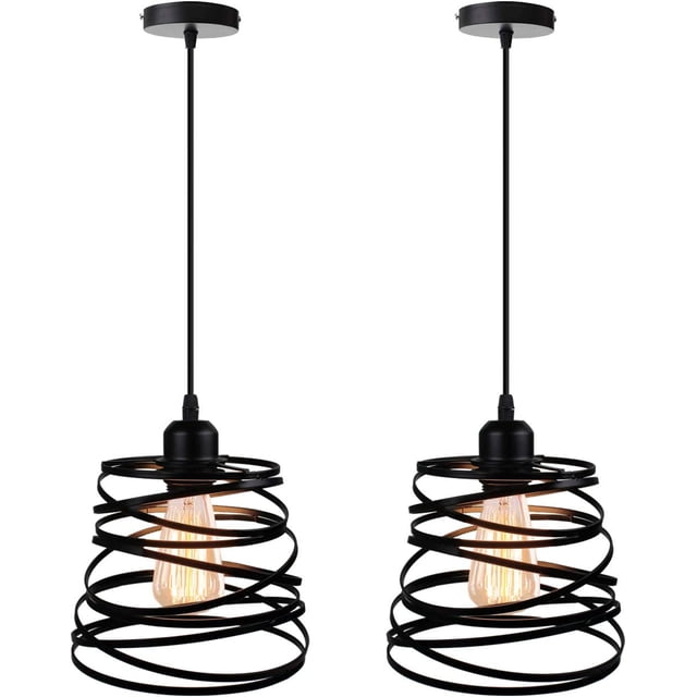 Juego de 2 lámparas colgantes modernas y creativas, lámpara de techo con diseño en espiral en cascada, lámpara colgante vintage de metal E27 para dormitorio y sala de estar, 20 cm (negro)