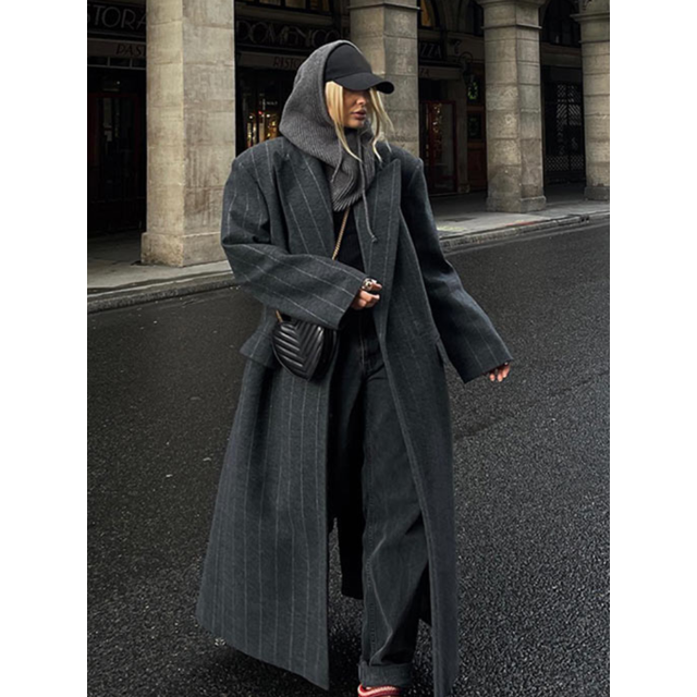 Abrigos largos de lana a rayas para mujer, chaqueta holgada de manga larga con solapa a la moda, color gris oscuro, otoño e invierno, novedad de 2024