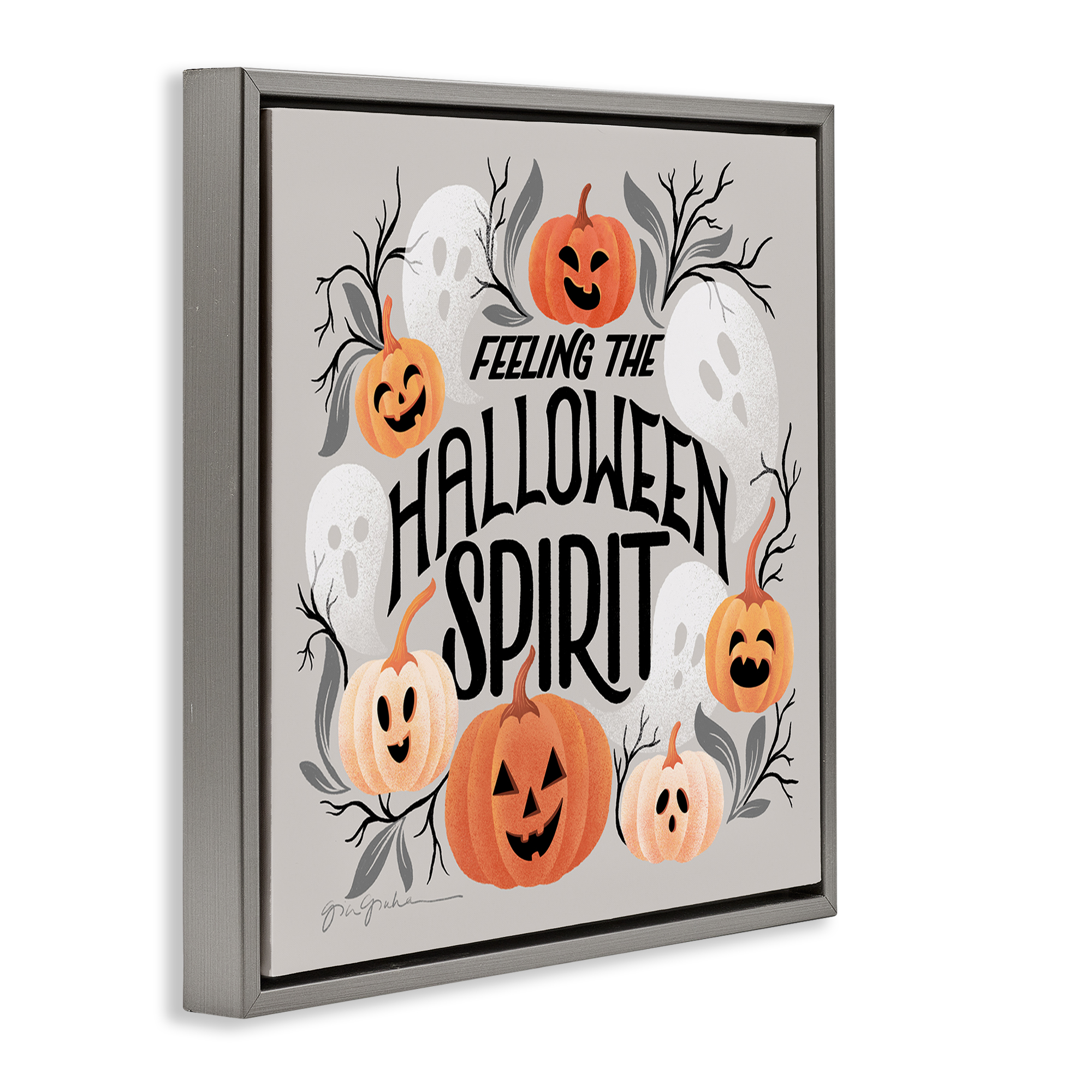 Stupell Industries Feeling Halloween Spirit Holiday Painting Gray Floater Framed Art Print Wall Art, 25 x 25