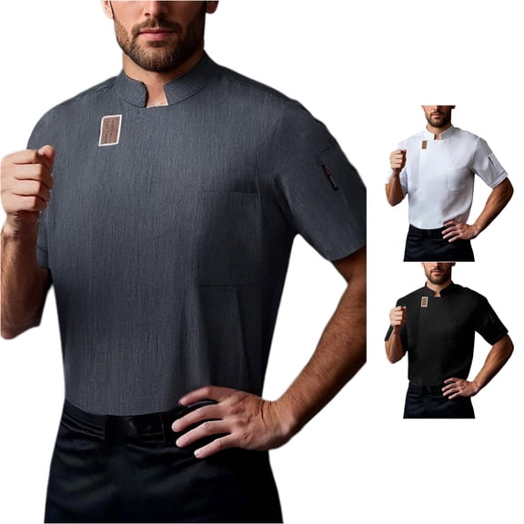 ZXLBBD Men T Shirts Short Sleeve Chef Jacket Solid Color Stand Collar Breathable Kitchen Uniform with Pocket for Work Casual Summer Tshirts,Grey,M