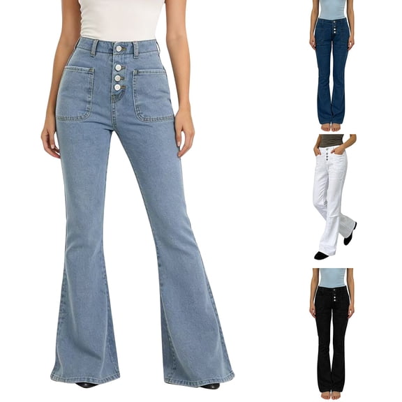 Women's High Waist Flare Jeans, Retro Vintage Button Front Denim Pants, Slim Fit Bootcut Jeans for Women, Casual Daily Wear and 70s Inspired Outfits-Black