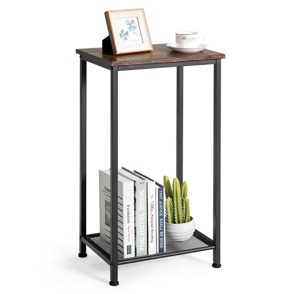 Finihen End Table, 2-Tier Industrial End Table with Metal Mesh Storage Shelves, Sofa Side Table, Bed Side Table, for Living Room, Bedroom, Brown Finihen End Table, 2-Tier Industrial End Table with Metal Mesh Storage Shelves, Sofa Side Table, Bed Side Table, for Living Room, Bedroom, Brown