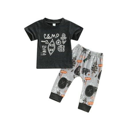 

Nokpsedcb Infant Baby Boy T-shirt and Trousers Set Fashion Letter Short Sleeve Tops and Tie-up Long Pants Gray Black 12-18 Months