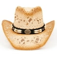 thumbnail image 3 of TOVOSO Straw Cowboy Hat for Women and Men with Shape-It Brim, Western Cowboy Hat, Beads - Tea Stain, 3 of 5