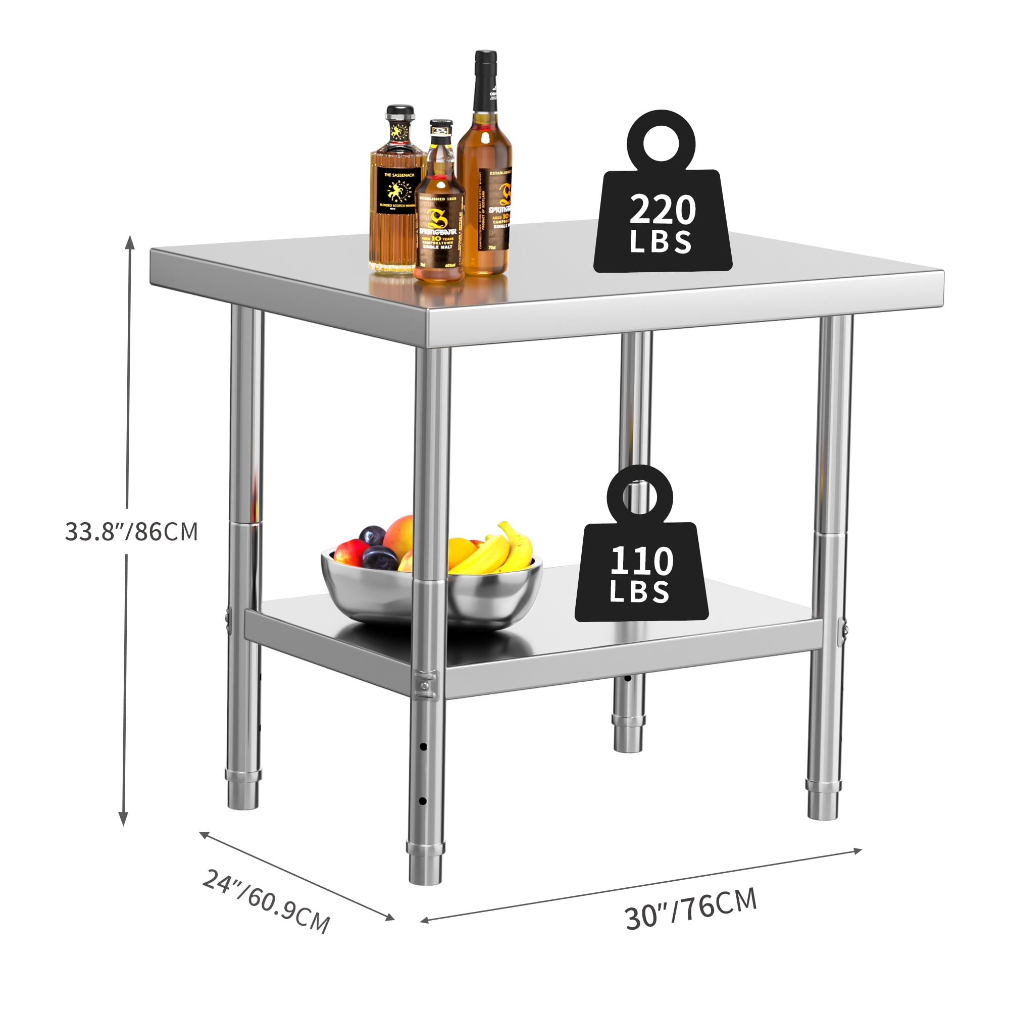 Uforic 30" x 24" Stainless Steel Work Table with Adjustable Storage Shelf, Heavy-Duty Commercial-Grade Kitchen Workstation