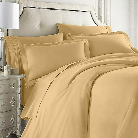 Nestl Bedding 7-Piece Queen Duvet Cover and Bed Sheet Set - Includes Duvet Cover, Flat Sheet, Fitted Sheets, 2 Pillowcases and 2 Pillow Shams - Complete Luxury Soft Microfiber Bedding Set, Camel Gold