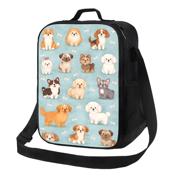 Cute Puppy Cartoon Dog Lunch Bag Insulated Thermal Box with Shoulder Strap & Handle for Work and Picnic