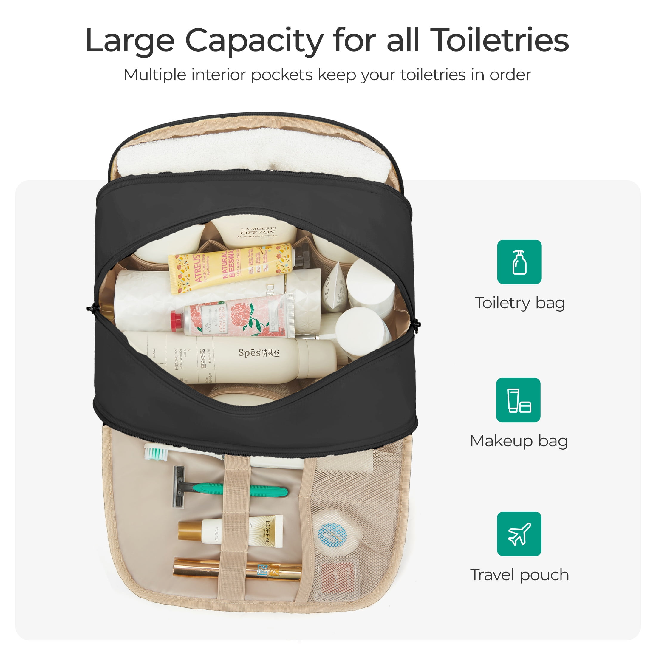 Bagsmart Unisex Large Size Travel Toiletry Bag with Handle, Wide-open Makeup Cosmetic Bag for Travel Toiletries, Organizer for Women and Men, Beige