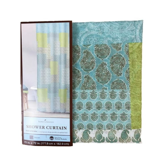 Home Classics Patchwork Fabric Shower Curtain Green Blue Brown Bath