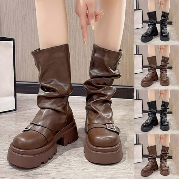 Knee High Boots Women TKYCMSUAKI Foldover Boots for Women Round Toe Low Chunky Heel Wide Calf Boots Pull-On Western Fashion Party Slouchy Shark Mid Calf Boots
