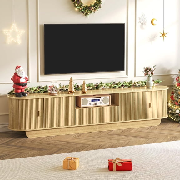 Modern TV Stand with 3 Cabinets & Open Shelves, Minimalist Wooden Entertainment Center for TVs Up to 80”, Sturdy TV Console for Living Room Bedroom Decor (Wood)