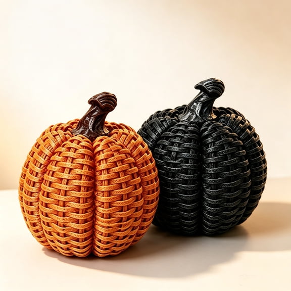 Mskk 4.3" Resin Wicker Weaving Pattern Pumpkin Halloween Decoration, Artificial Pumpkin Ornament for Tabletop Mantel Shelf Indoor Outdoor Decoration