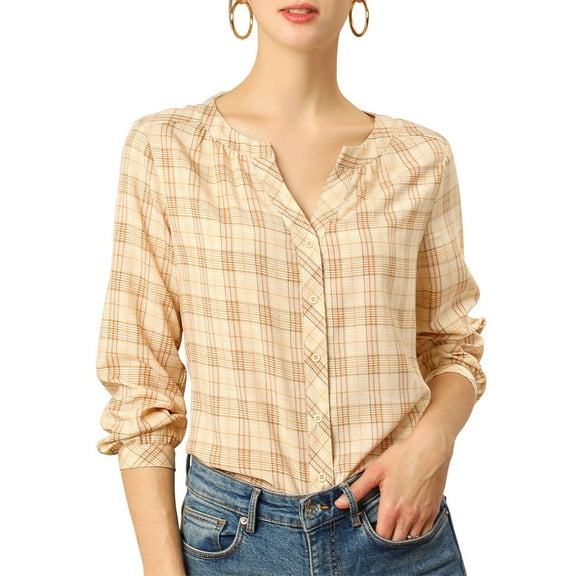 MODA NOVA Junior's Plaid Shirt Button Up Long Sleeves Blouse Beige L