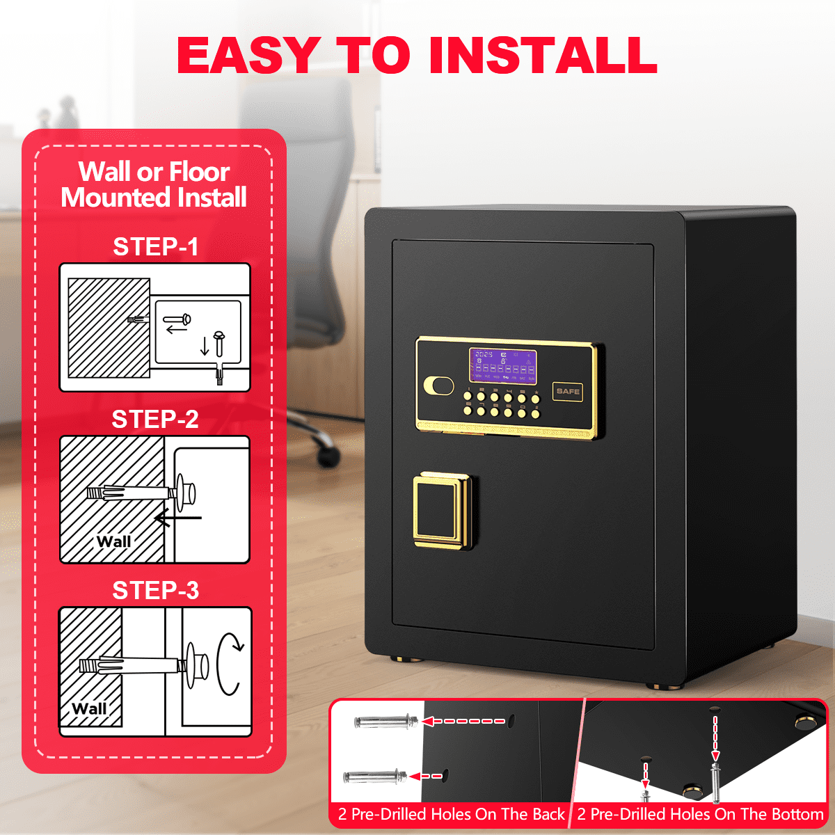 RYCUZO 3.5 Cuft Large Safe Box, Digital Keypad Home Security Safe With Fireproof Bag & Alarm System(Black)