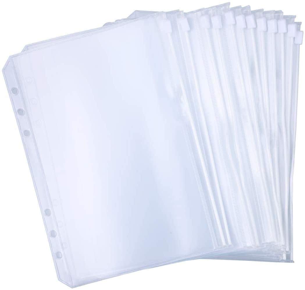 Waterproof PVC Pouch Document Filing Bags Zipper Bags 12pcs Binder Pocket A6 Size 6 Holes Binder Zipper Folders for 6-Ring Notebook Binder Loose Leaf Bags 