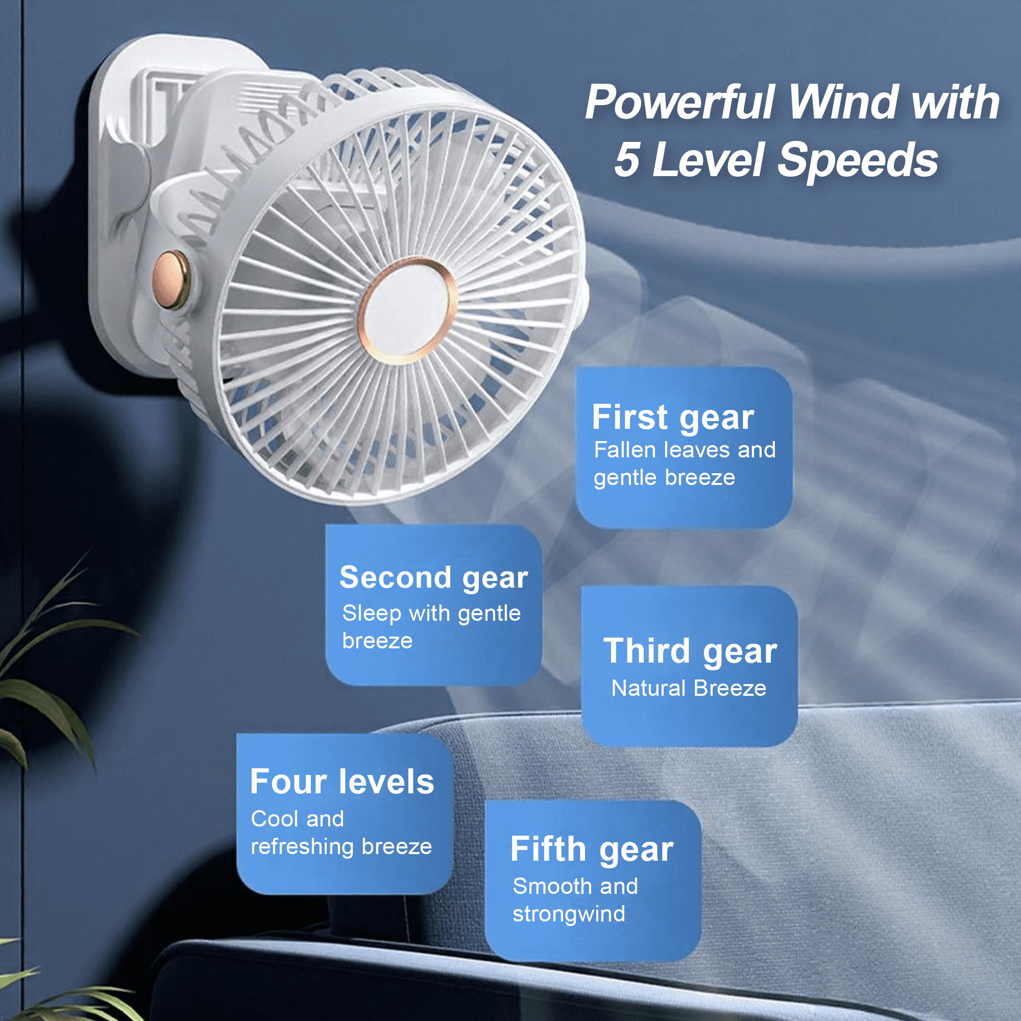 Portable Fan, Portable Clip on Fan, USB Rechargeable Desk Fan, 5 Speed, 720 adjustment, Strong Airflow, 6 inch Mini Personal Cooling for Desk Home Office Outdoor Travel Camping, White