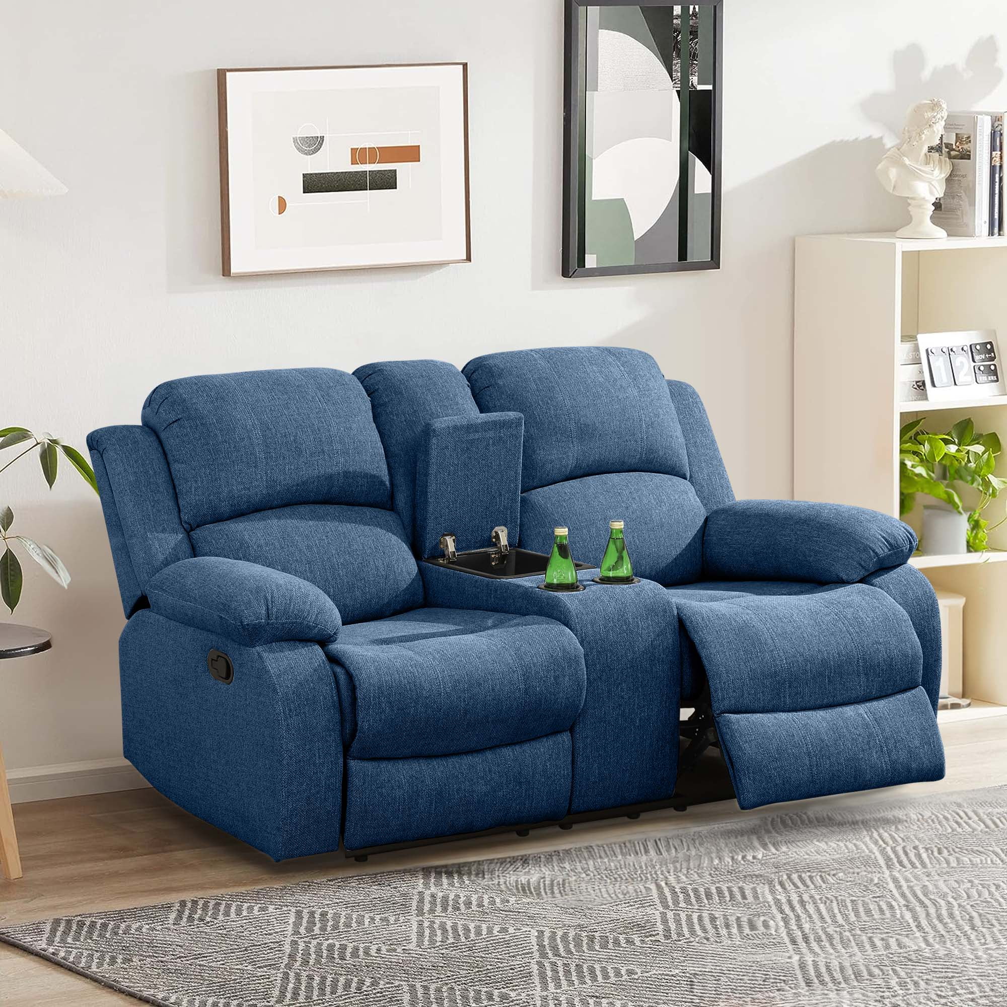 Aukfa Double Manual Recliner Chair, Overstuffed Loveseat w/ Cupholders, Flannel, Blue