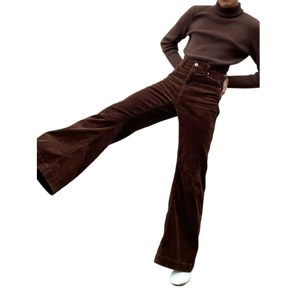 Womens Corduroy Pants Solid Color High Waist Stretchy Elastic