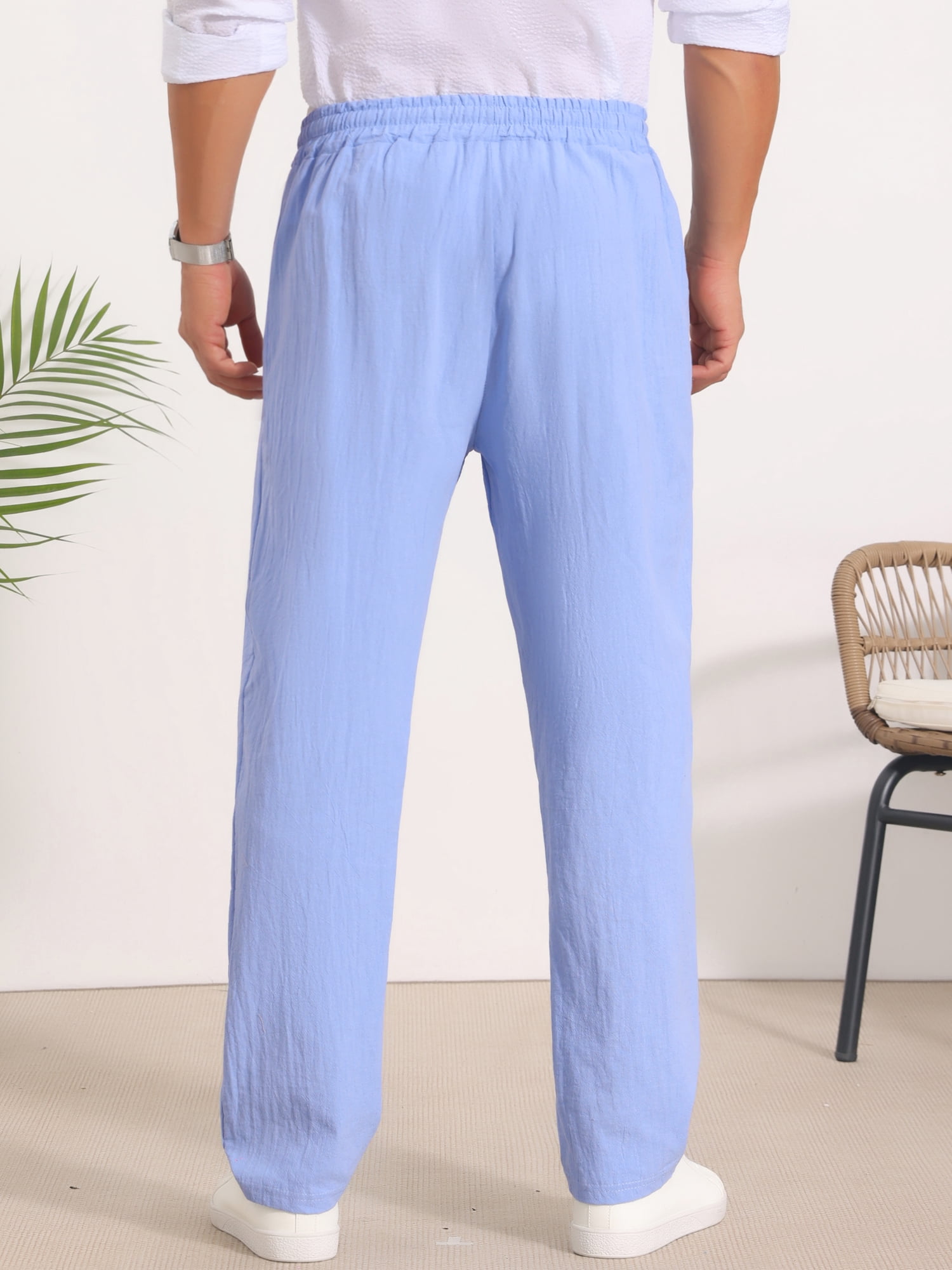 DARING DIVA Men's Beach Pants Drawstring Waist Breathable Summer Linen Pants 30 Light Blue