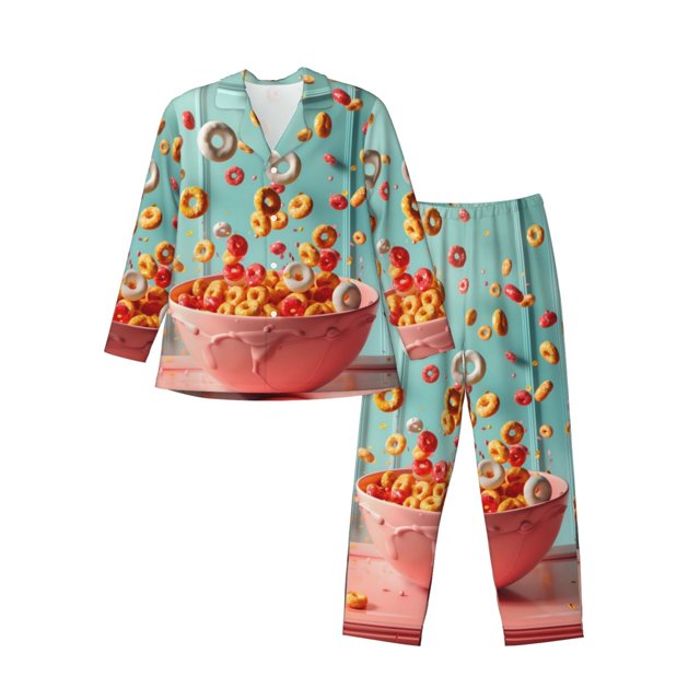 Balery Floating Colorful Cereal Pijama para Hombre de Dos Piezas con Manga Larga, Conjunto de Dormir y Descanso Suave con Bolsillos-Large