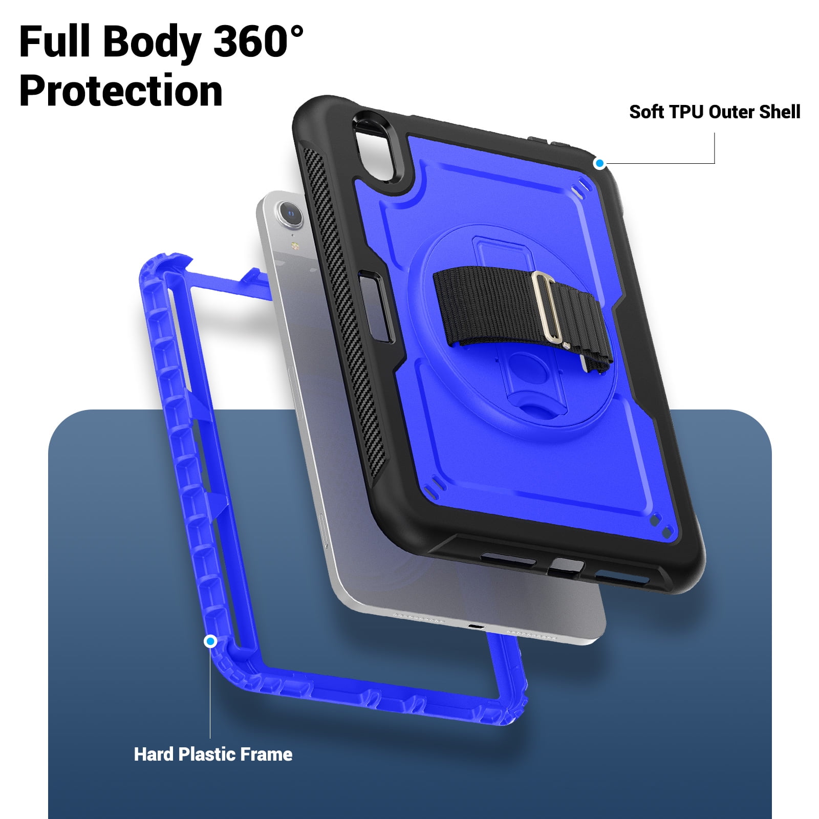 ELEHOLD Rugged Case For Apple iPad 11th(A16) 2025/10th Gen 2022,360 Rotating Stand Hand Strap Shoulder Strap Pencil Holder Full-Body Heavy Duty Shockproof Protective Case,Darkblue