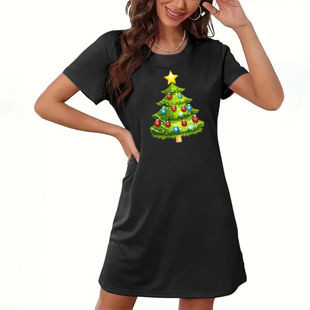 Camisón corto navideño para mujer, talla grande, cuello redondo, manga corta, estampado en el pecho, vestido de noche para mujer