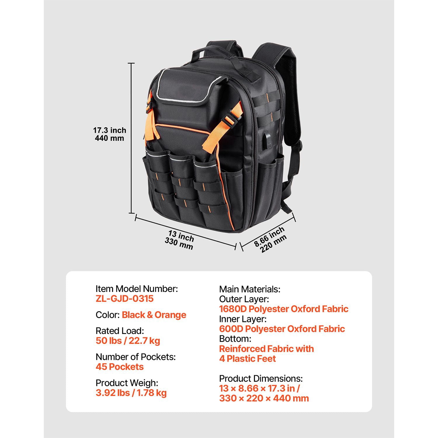 Tool Backpack 45 Pockets 1680D Oxford 50 lbs Capacity with Laptop Compartment for Electrician