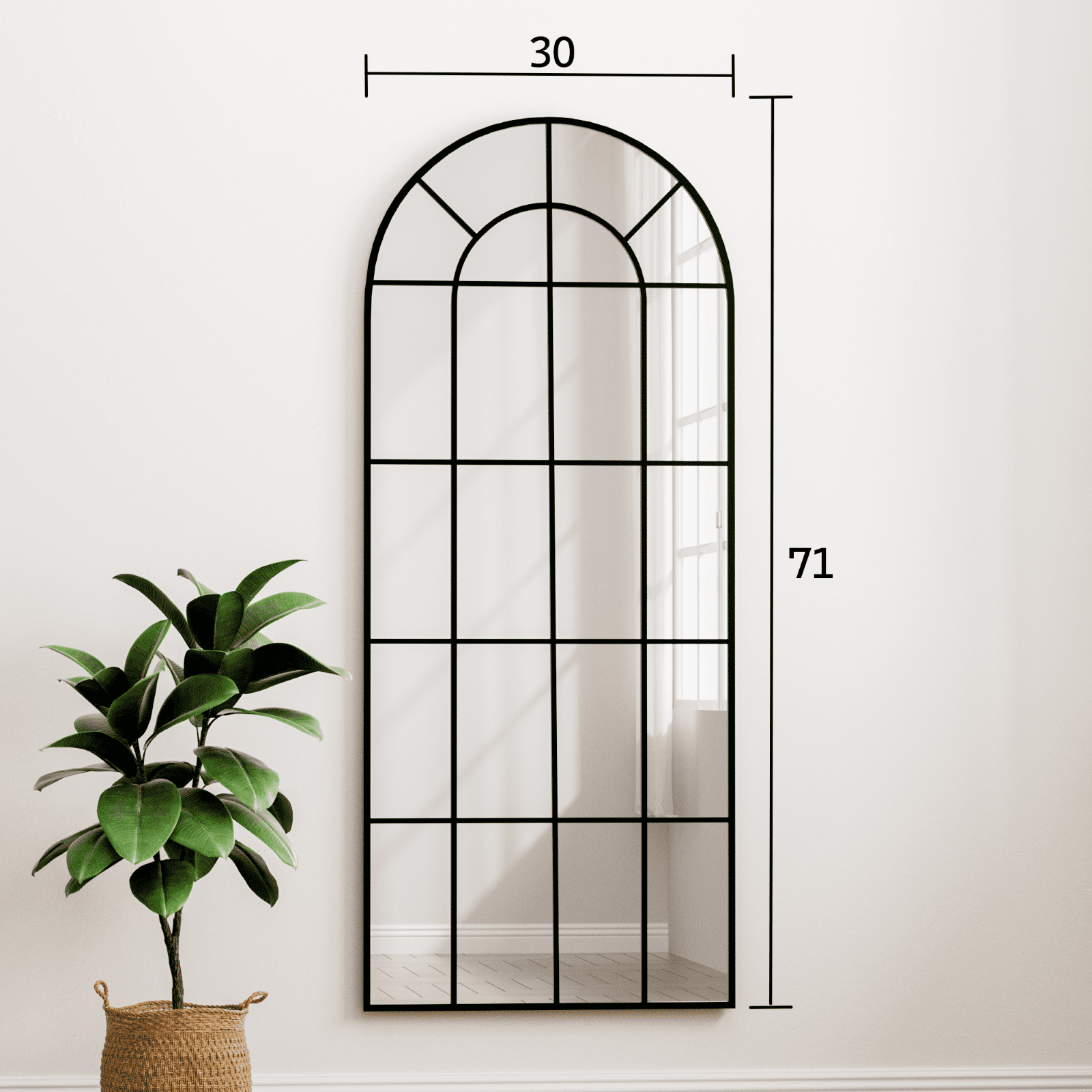 SHATTERVIEW 71"x30" Arched Full Length Mirror with Windowpane Wall-Mounted Leaning Mirror, Black