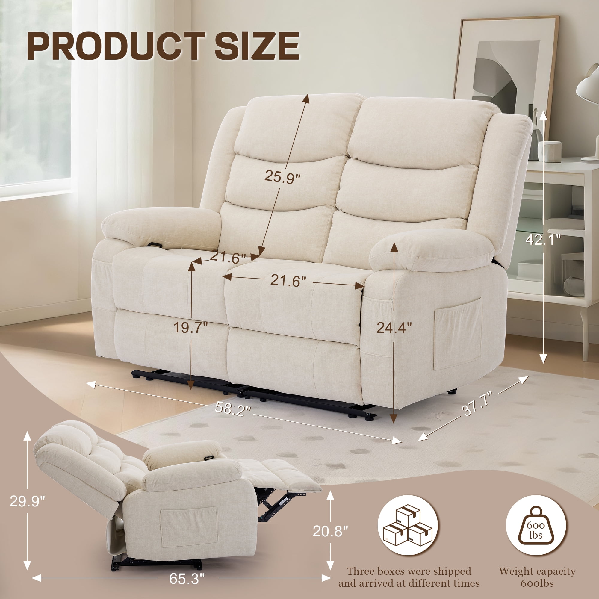 Korser Oversized Loveseat Recliner Sofa with Front Pockets and Side Pockets for Living Room,Home Theater,Beige
