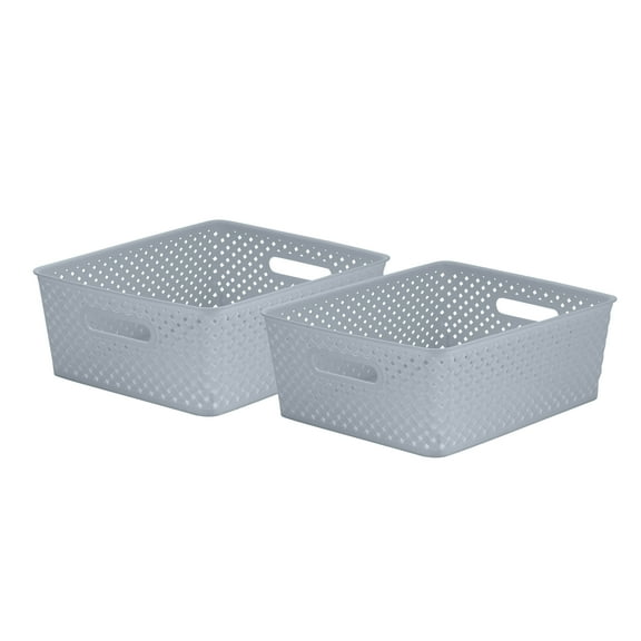 Simplify 2 Pack Medium Resin Wicker Storage Bin in Grey