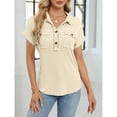 thumbnail image 5 of Uaswgudfs Womens Short Sleeve V Neck Shirts Dressy Casual Work Collared Button Summer Slim Fit Tops Beige XL, 5 of 8