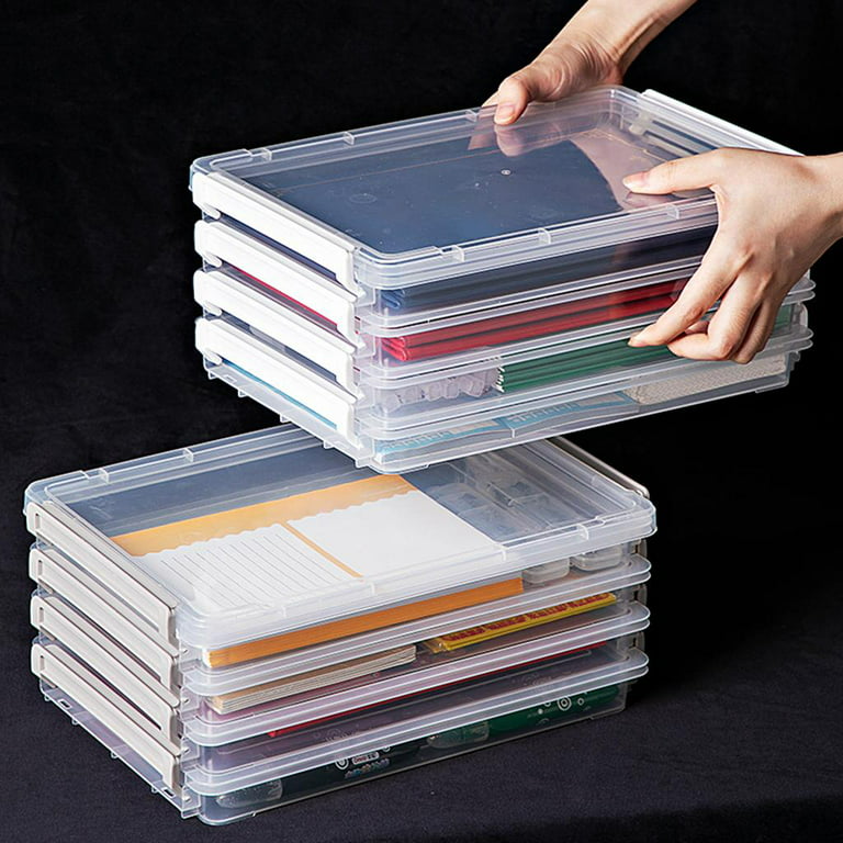 2Pcs Document Storage Box with Lid Transparent Stackable Notebook Organizer  Box Portable A4 Scrapbook Paper Storage Container