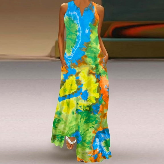 YANHAIGONG Boho Dresses for Women 2025, Sunmmer Floral Maxi Dress V Neck Sleeveless Vintage Gradient Tie Dyeing Ruffle Flowy Beach Dress with Pocket ,Casual Flowy Maxi Beach Dresses