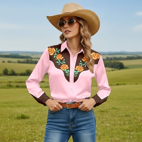 Retro Cowgirl Shirts for Women Button Down Western Shirts Long Sleeve Country Concert Floral Print Tops Pink L