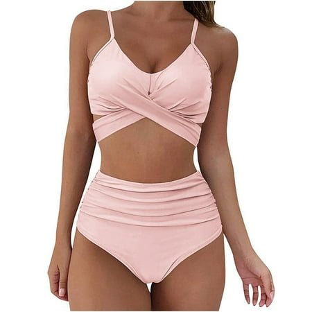 Puntoco Women Swimsuits Clearance Women Two Piece Swimsuit Wrap Cross Cutout Bikini Sets Push Up High Waist Bikini with Bottom Pink 4(S)