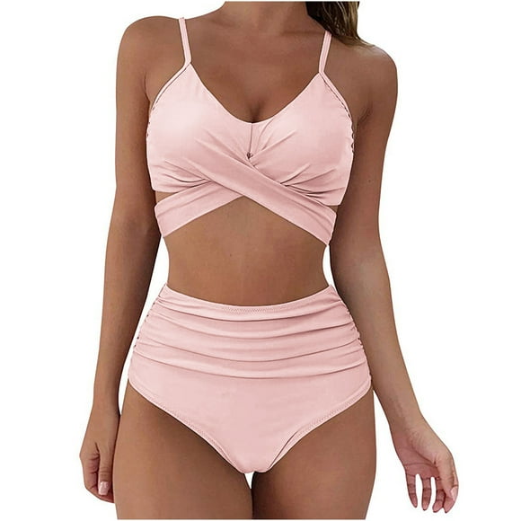 zanvin Women's High Waist Bikini Swimsuit Solid Color Tie Two Piece Bathing Suit For Women Ladies teen girls Summer Clearance,Pink