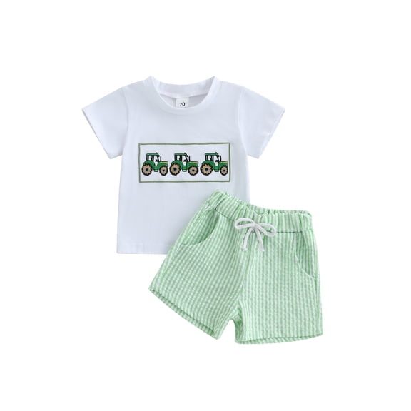 BemeyourBBs Toddler Baby Boy Summer Clothes Tractor Outfits Newborn Short Sleeve Tractor Embroidery T Shirt Tops Striped Shorts Set Toddler Infant Bot Summer Outfits