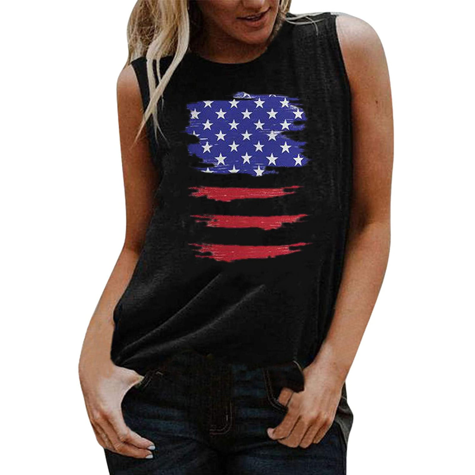 4th of July Shirts for Women Sleeveless O-Neck America Flag Print Two-Tone Stitching Top Tank T-Shirt Tops Blouse